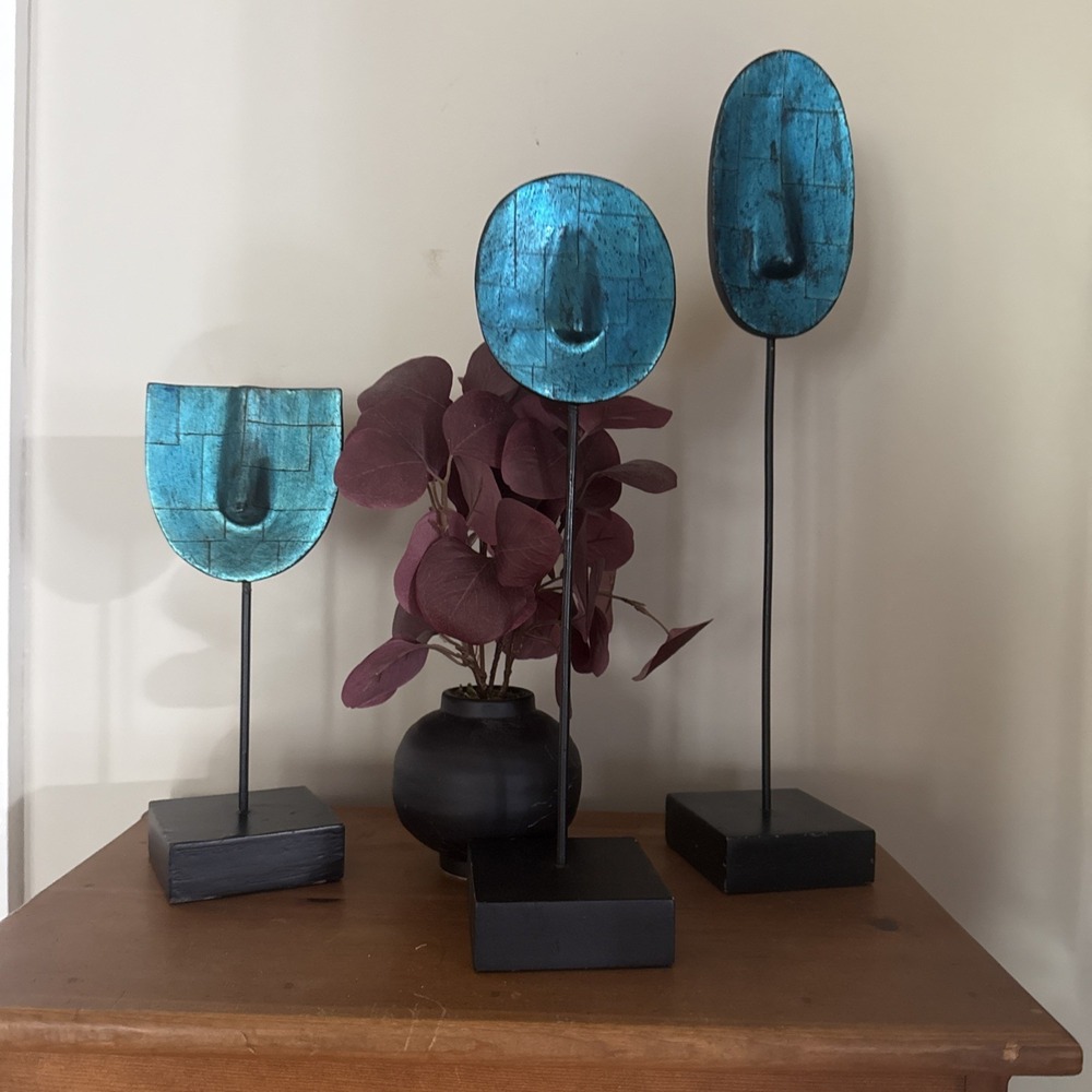 Pier 1 Mid-Century Modern Abstract Blue Face Wooden Statuary Set of 3
